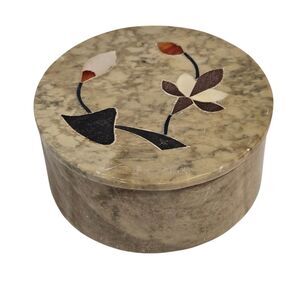 Stone Trinket Jewelry Box with Lid Mother Of‎ Pearl Inlay Round Floral India 3"
